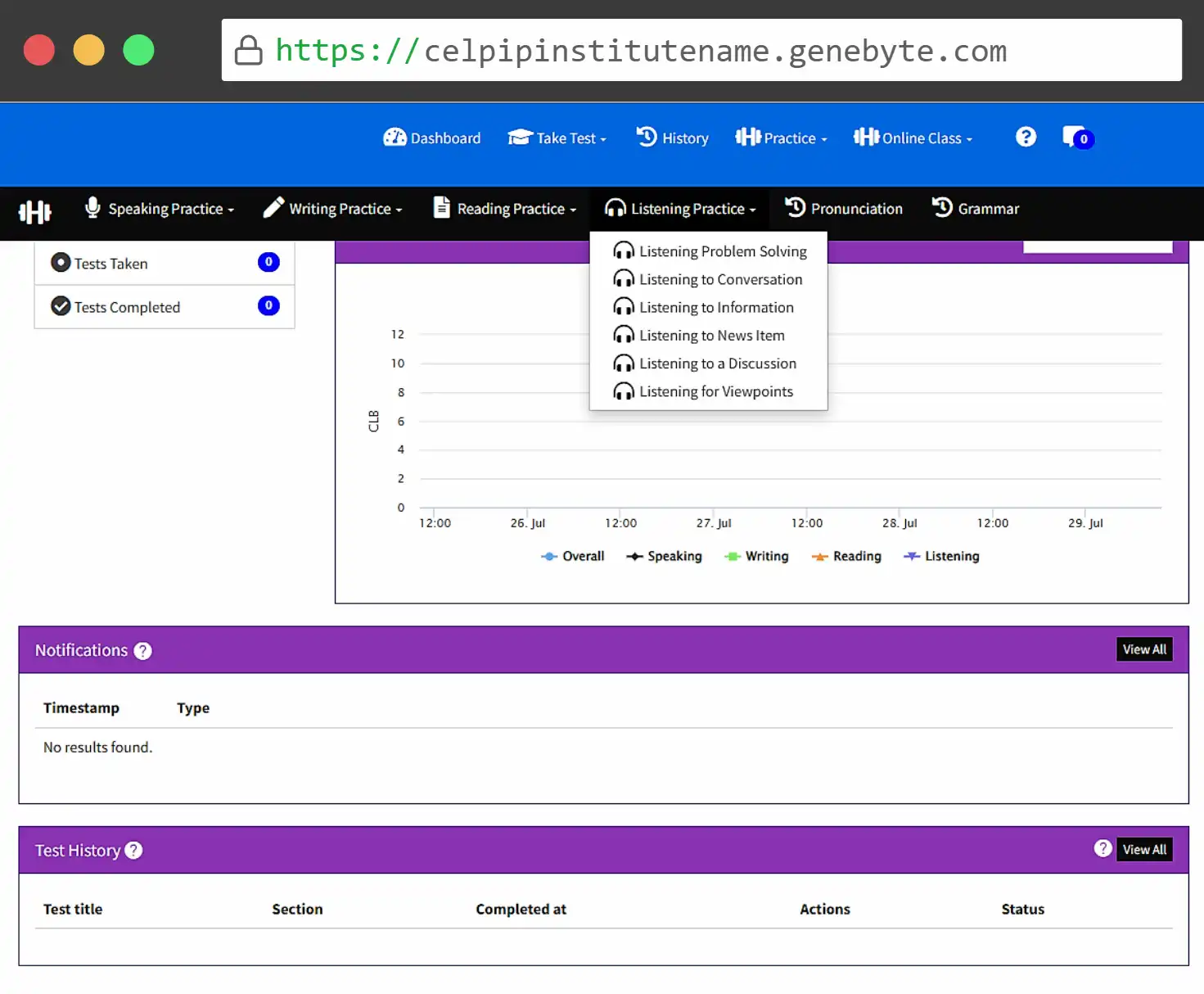Snapshot of Genebyte's customizable CELPIP Academic software interface.