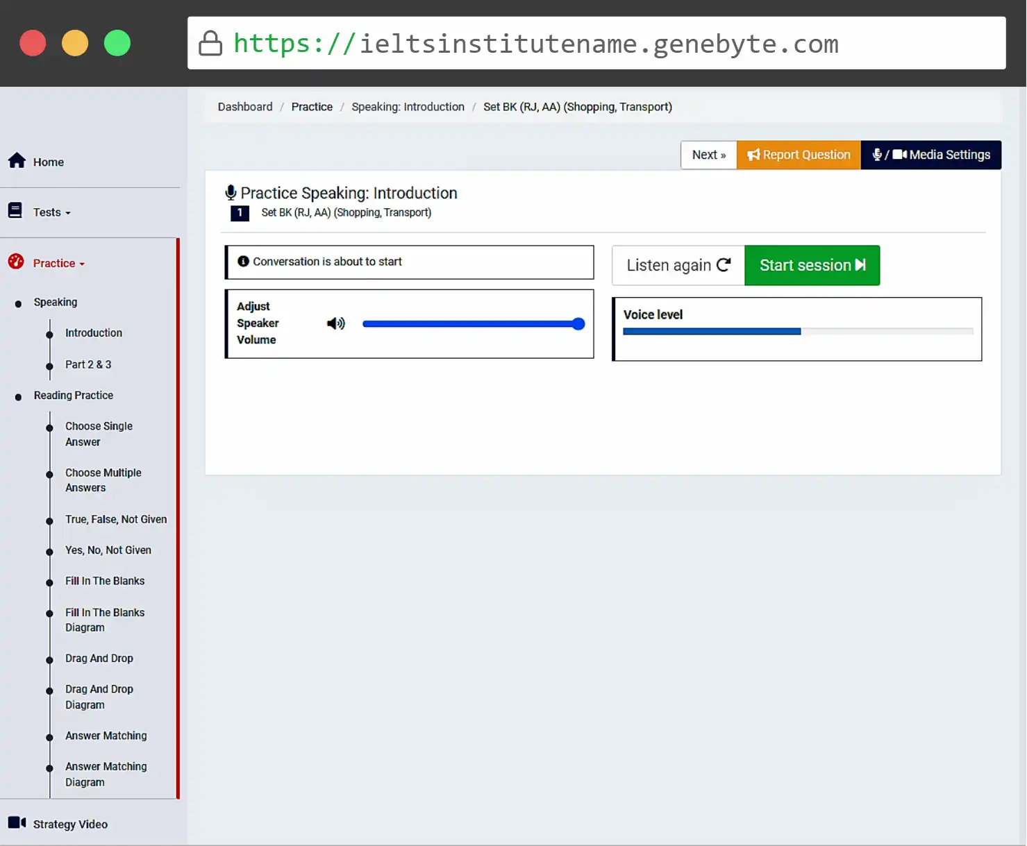 Snapshot of Genebyte's customizable IELTS Academic software interface.